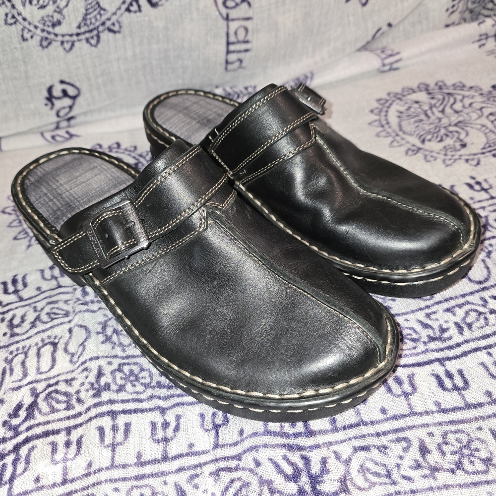 Eastland Black Shock Absorbing Elastic Mae Leather Slip-On Clogs Womens Sz 8½